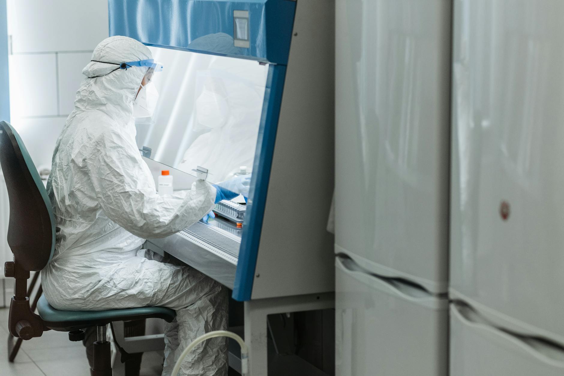 Laboratory technician analyzing avian influenza samples under biosafety conditions